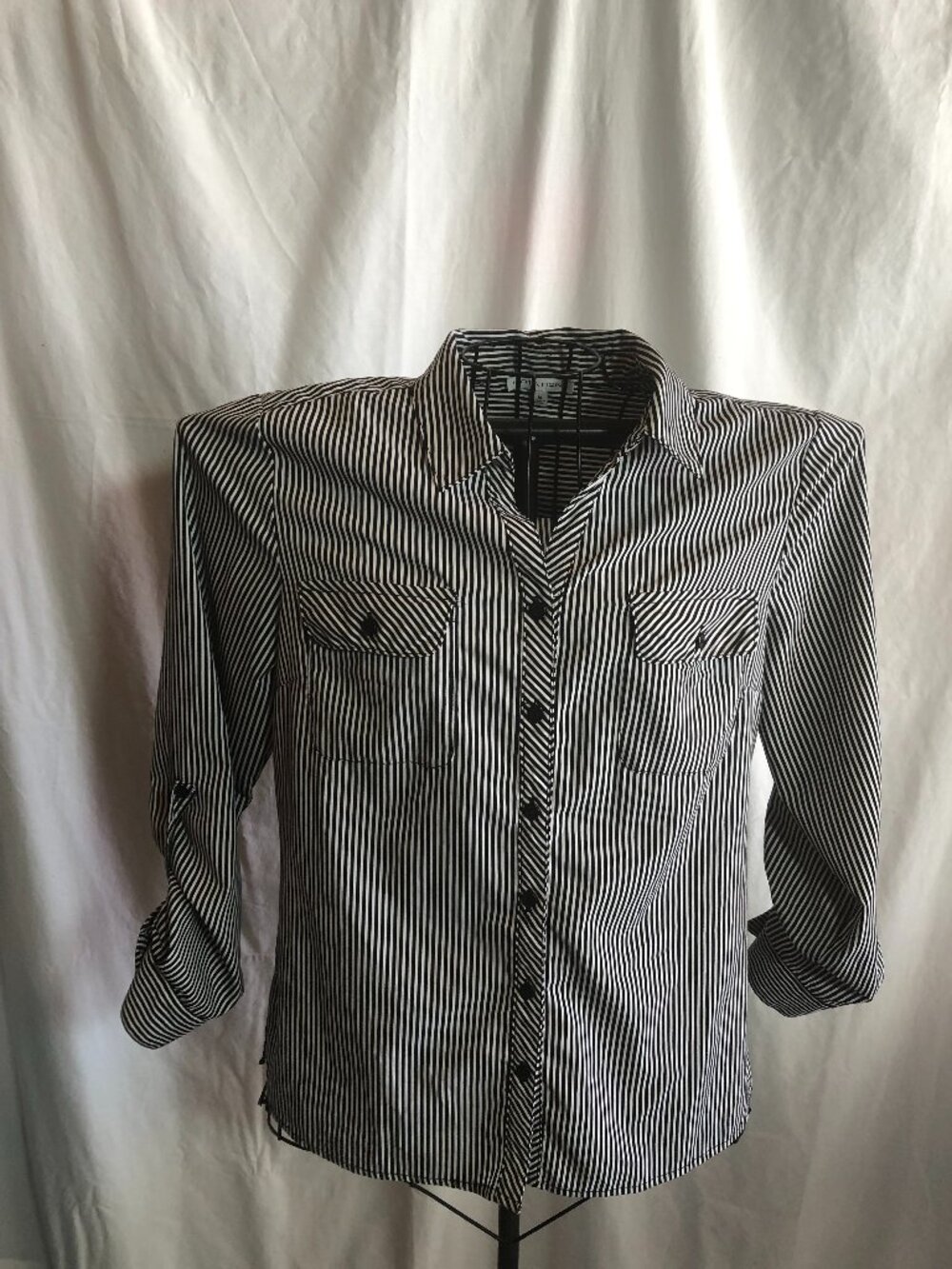 Notations MEDIUM Black Striped Long Sleeve Blouse 20.5" Pit to Pit
